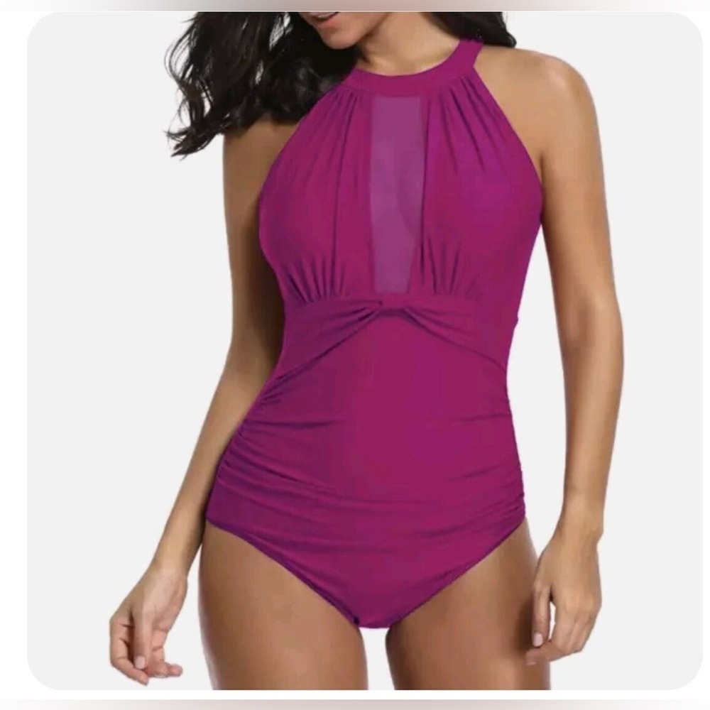 New Tempt Me Burgundy One Piece High Neck Plunge Mesh Ruched Swimsuit Size S
